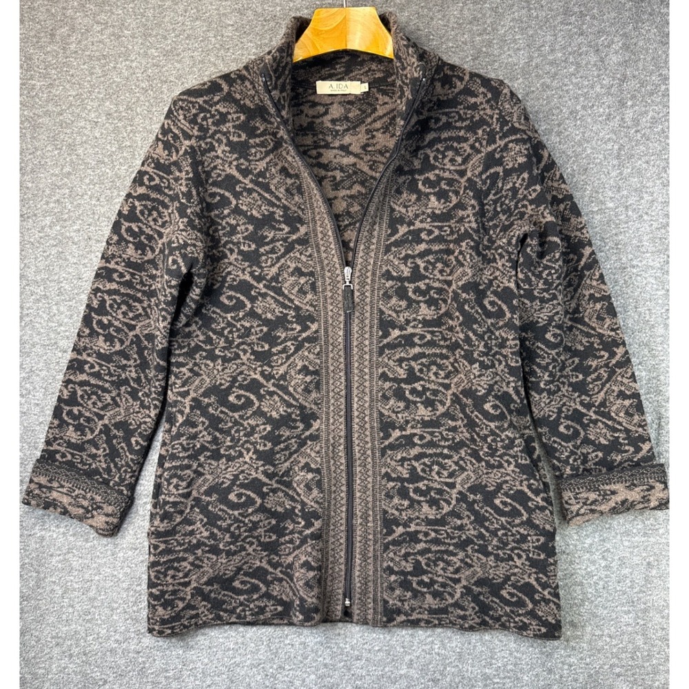 A.IDA Italy Wool Blend Full Zip Damask Cardigan Luxury Sweater Women Size L Aida - Picture 2 of 15